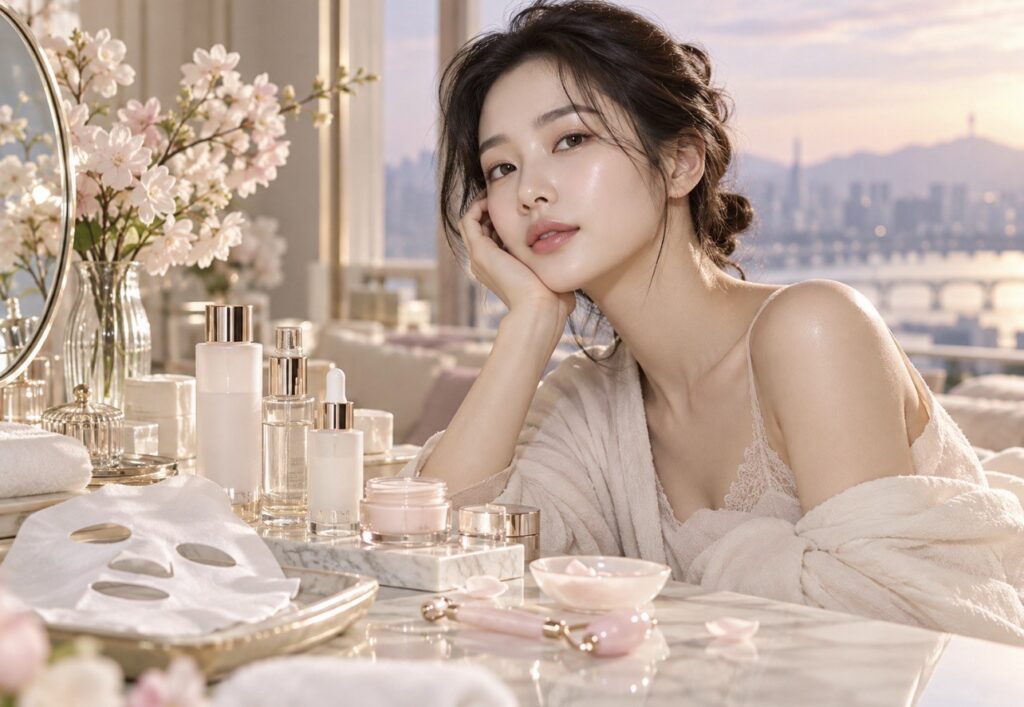 Cosmética coreana: mascarilla de tela, sérums y rodillo facial de una rutina K-Beauty