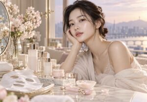 Cosmética coreana: mascarilla de tela, sérums y rodillo facial de una rutina K-Beauty